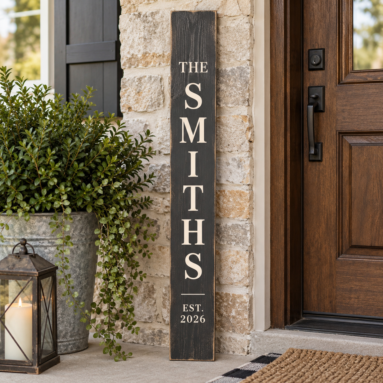 Personalized family-name sign made from a narrow straight board