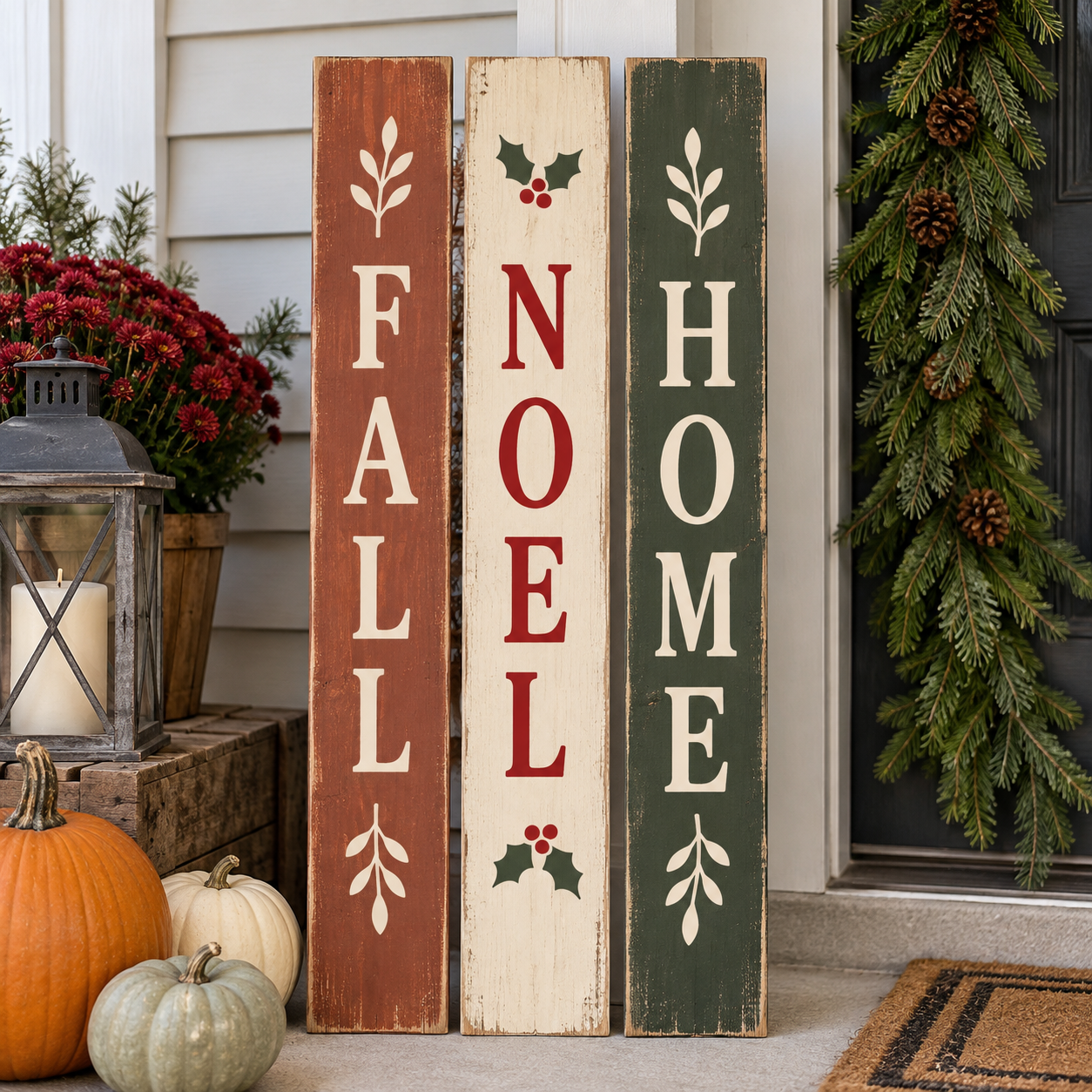 Seasonal sign set made from narrow straight boards