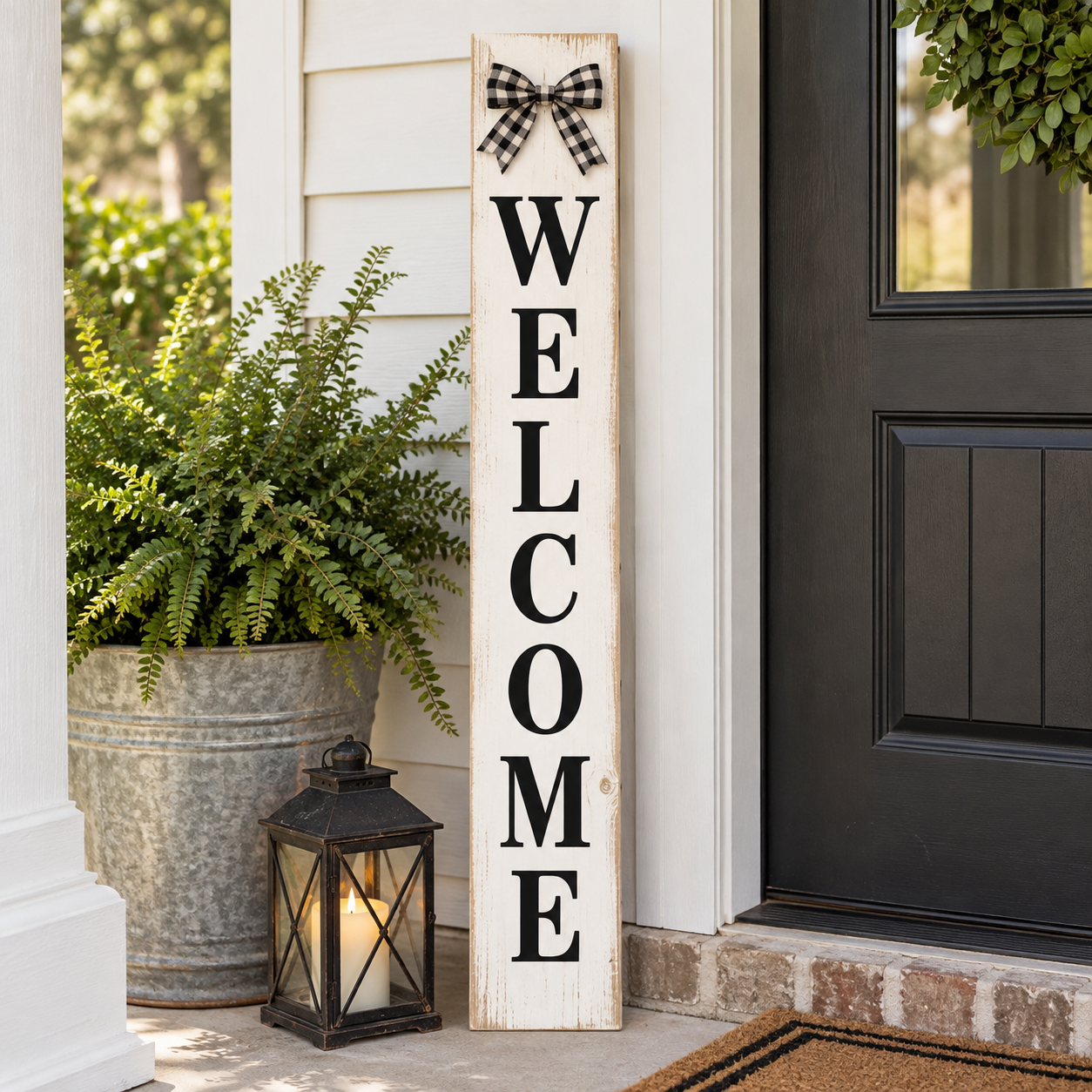 Welcome sign made from a narrow straight board