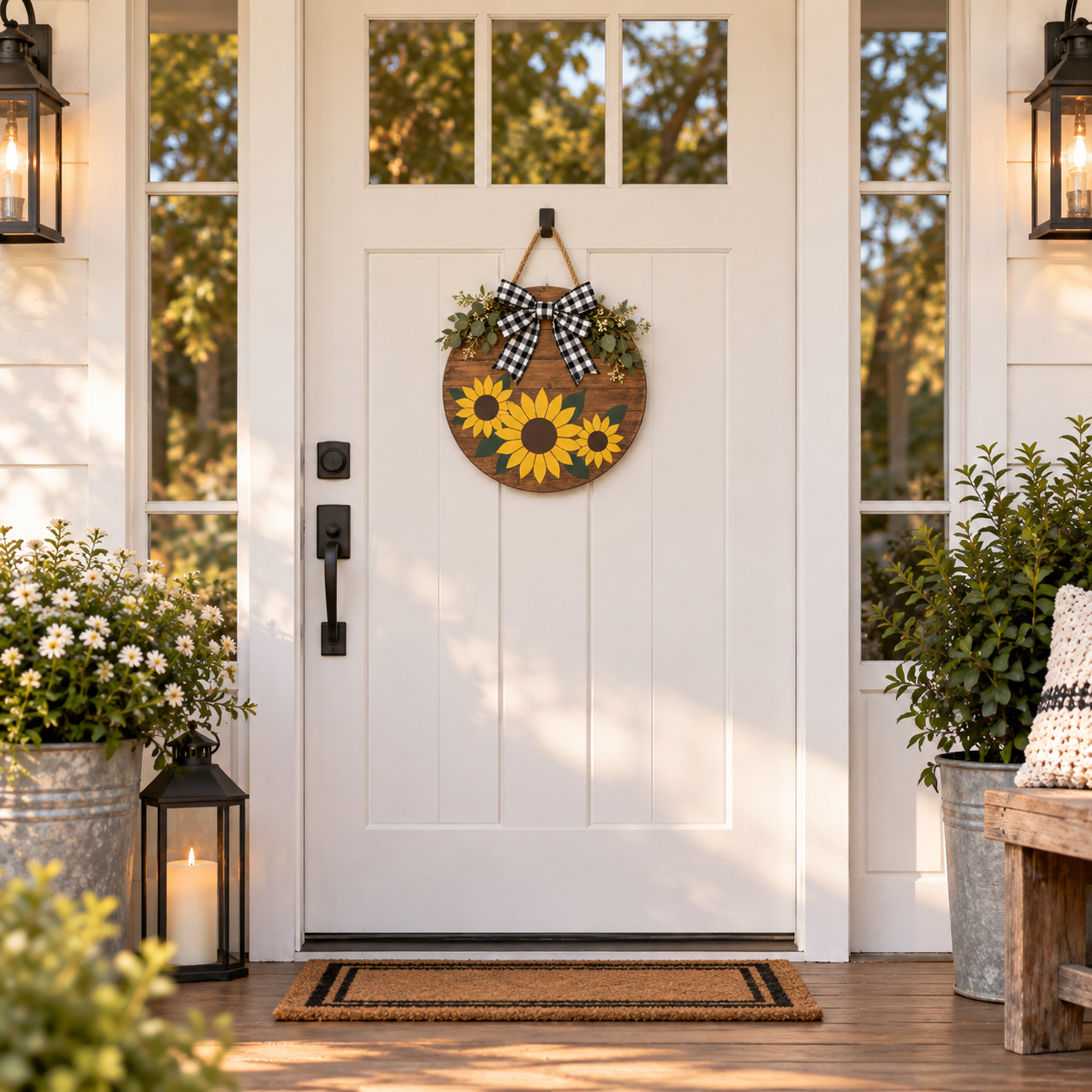 Small sunflower vinyl door hanger on a full-size front door